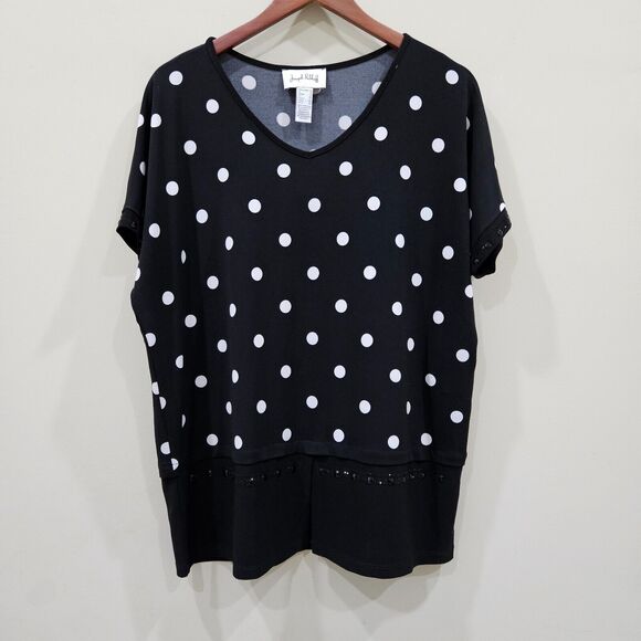 Joseph Ribkoff Womens Polka Dot Tunic Top Sz 12 Black V Neck Embellished Stretch - Picture 1 of 9